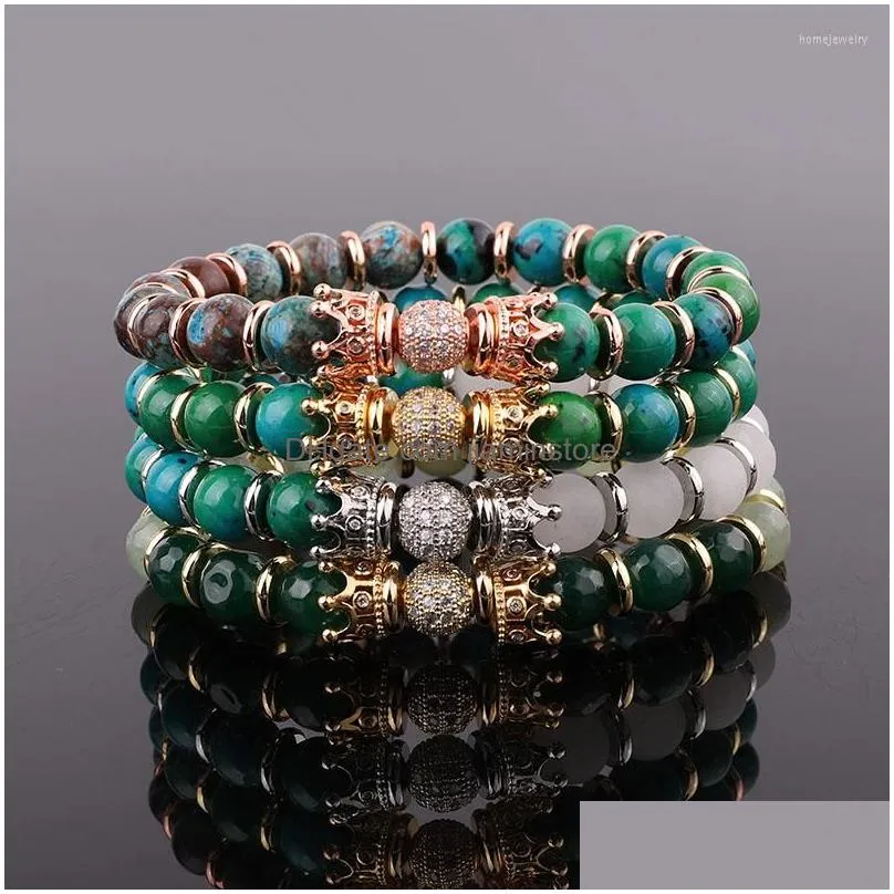 strand drop design natural stone agate jade beads cz pave crown charm custom elastic bracelet women jewelry gift