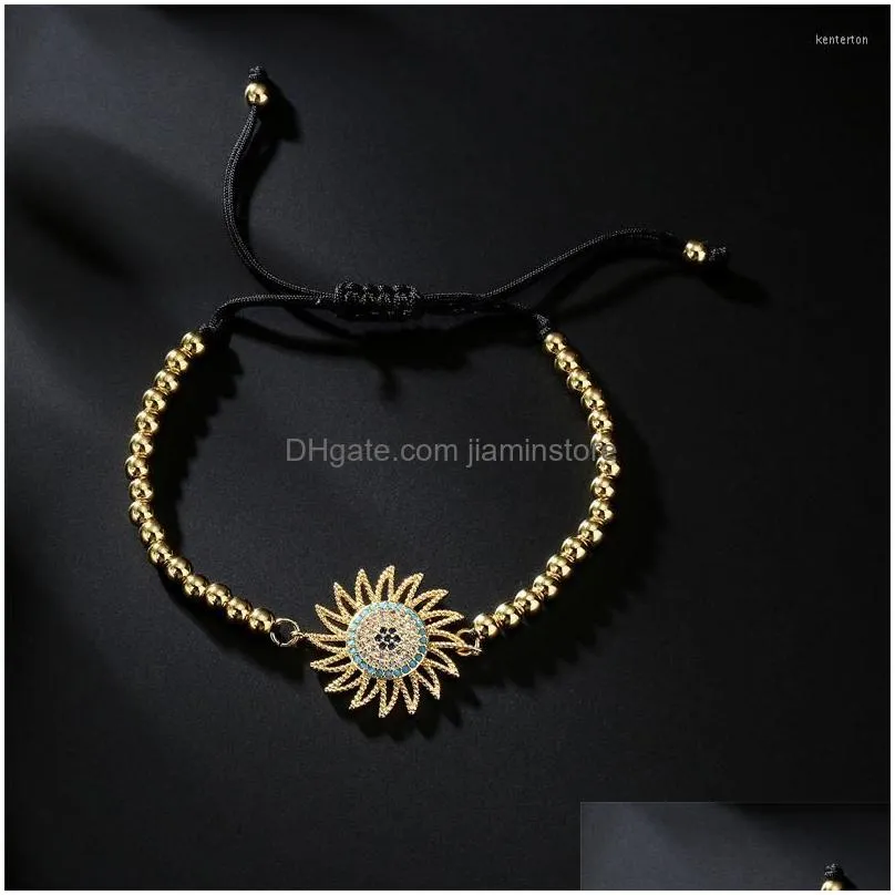 strand sunflower shape black braided rope copper beaded drawstring bracelet for women adjustable brass colorful zircon couple jewelry