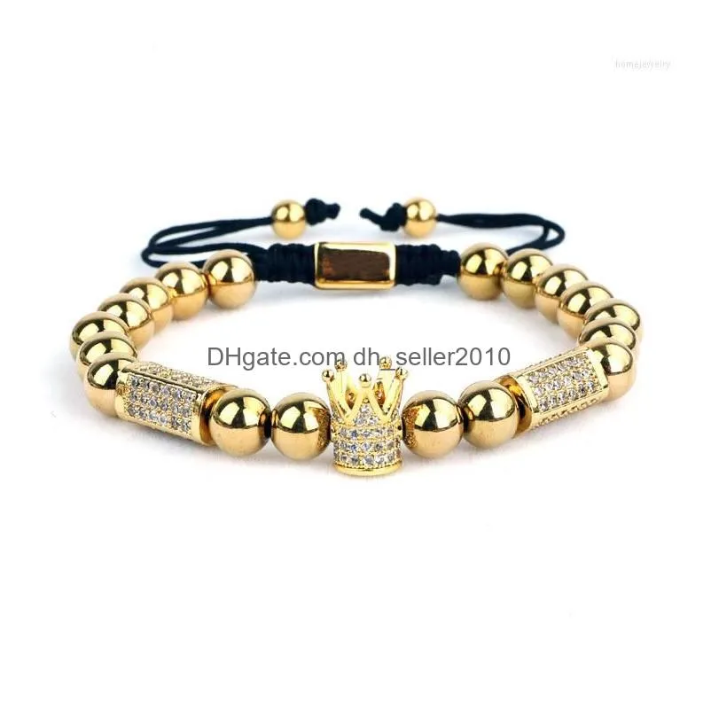 strand luxury men jewelry bracelet cz pave skull crown charm stainless steel beads bangle