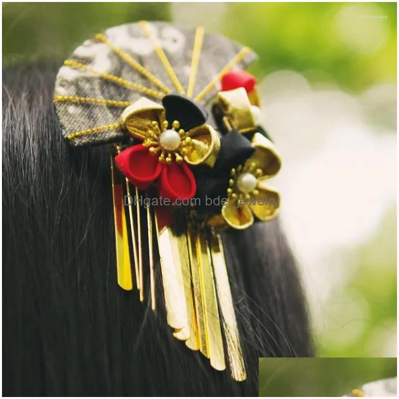 hair clips 2022 japanese style vintage floral sea wave fan accessories pendant black gold twin flowers jewelry