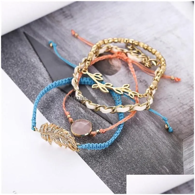 strand beaded strands 4pcs/set boho bracelet set for women ethnic handmade geometric leaf stone woven beach bangle jewelry giftbeaded
