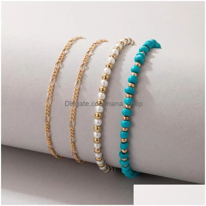 strand gold plated star round sequin pendant chain beach colored stone artificial pearl set bracelet for women boho fashion jewelry