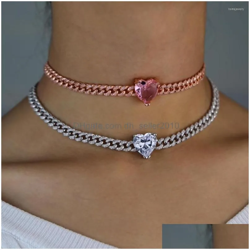 link bracelets 2022 hip hop jewelry choker necklace bracelet set heart arrow rose gold pink cz iced out pinky cuban chain women wedding