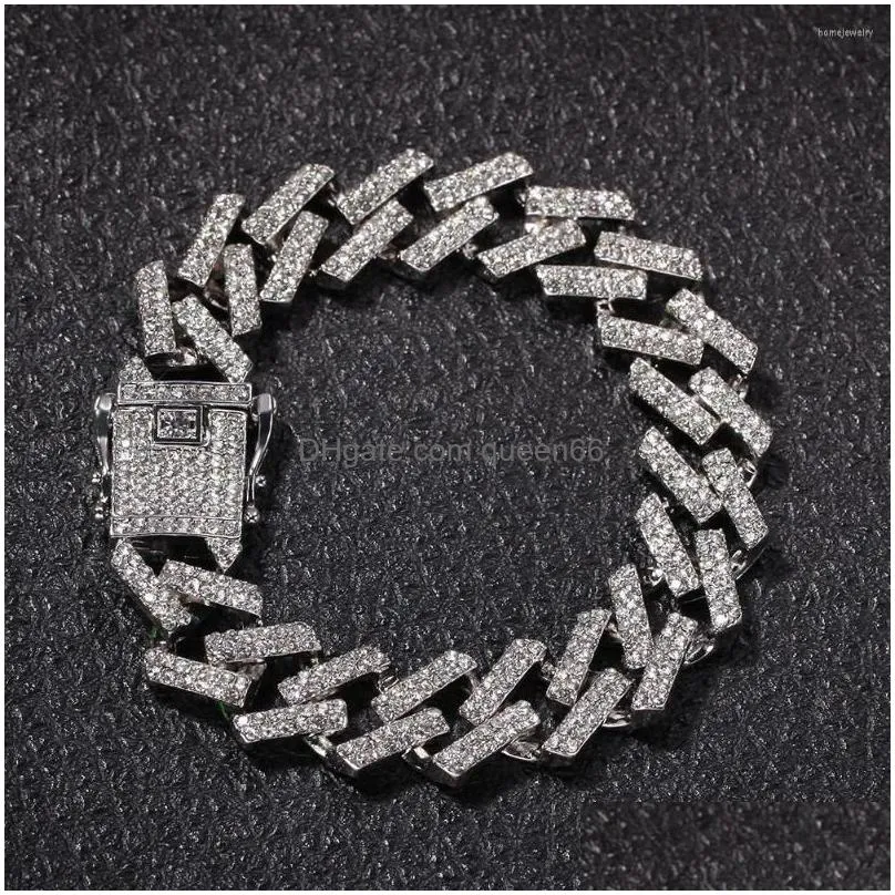 link bracelets 15mm width fashion bracelet women men diamond chain cuban inlaid rhinestone hip hop