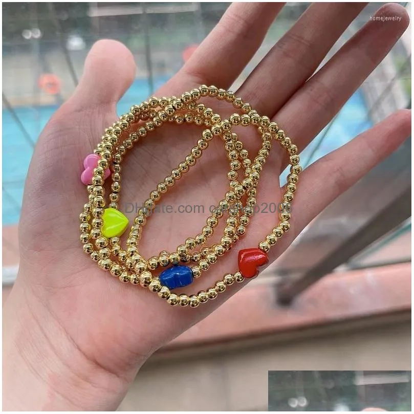 link bracelets 10pcs copper beaded enamel heart charm stretch bracelet gold bead chain handmade jewelry for women 2022 fashion vintage