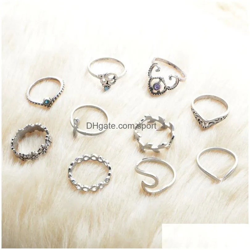 10pcs/set boho vintage silver color stone midi finger rings ethnic gothic knuckle set for women party gift bohemian ring set