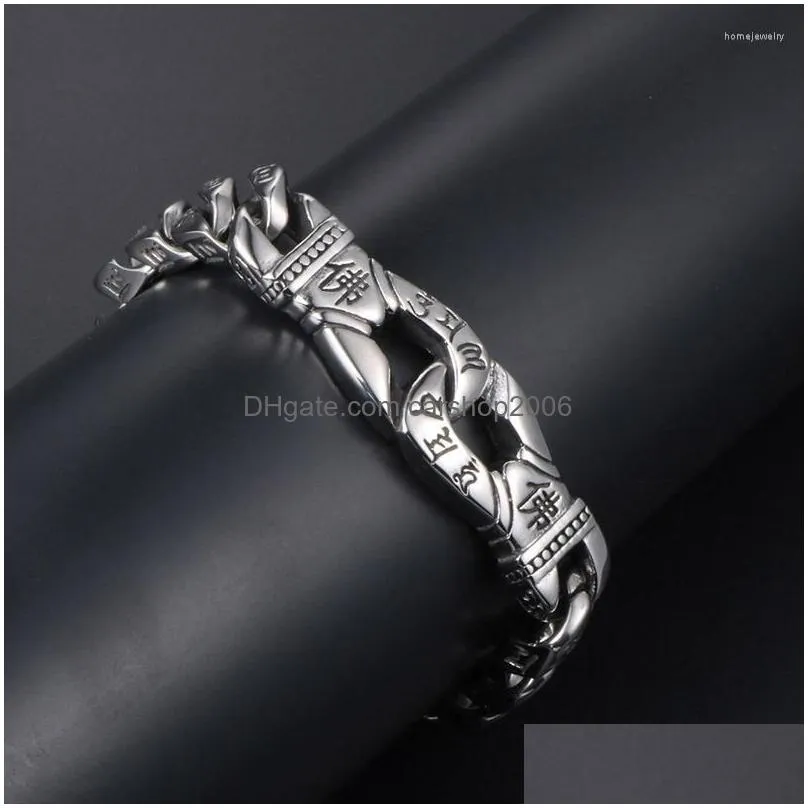link bracelets punk chinese buddha stainless steel bracelet man metal buddhism om mantras prayer braclet gifts for men