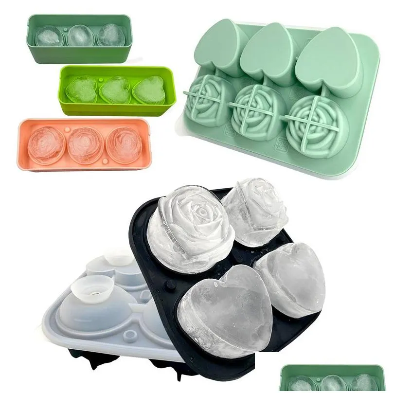 3d rose ice molds bar tools 3 cavity food grade silicone cute flower diamond round ice cube mould for cocktails juice whiskey bourbon