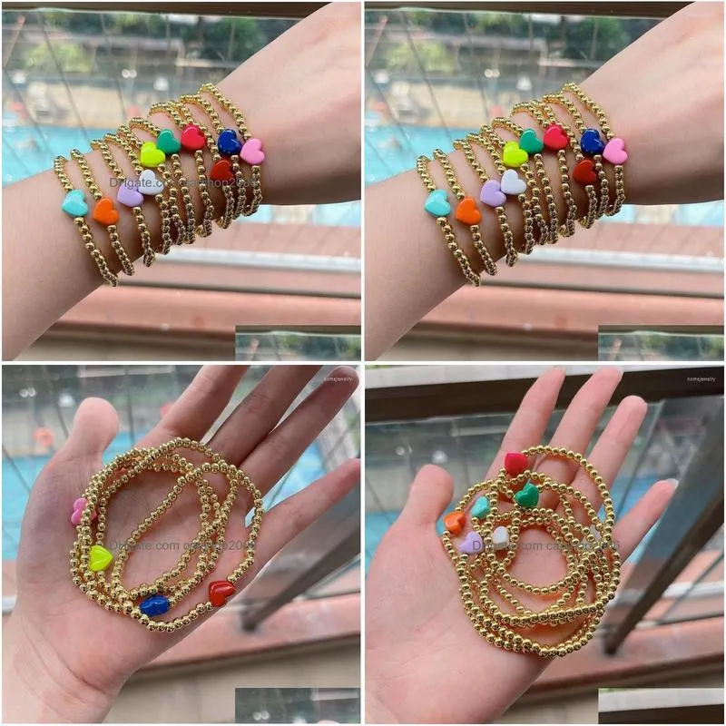 link bracelets 10pcs copper beaded enamel heart charm stretch bracelet gold bead chain handmade jewelry for women 2022 fashion vintage