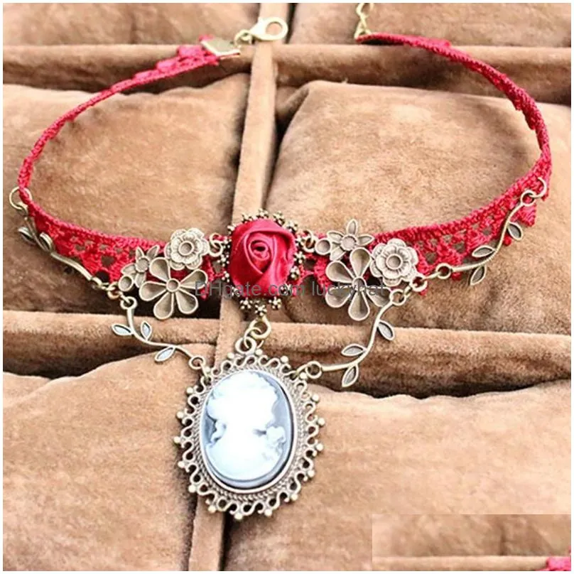 pendant necklaces stylish cameo red rose lace fashion necklace jewelry women gift xmas ethnic bohemian choker 12.23