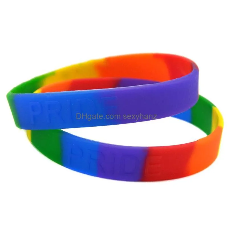 onebandahouse 50pcs/lot rainbow colour embossed pride silicone wristband bracelet