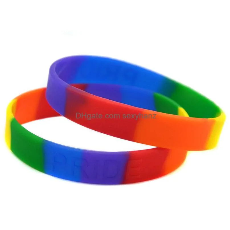 onebandahouse 50pcs/lot rainbow colour embossed pride silicone wristband bracelet