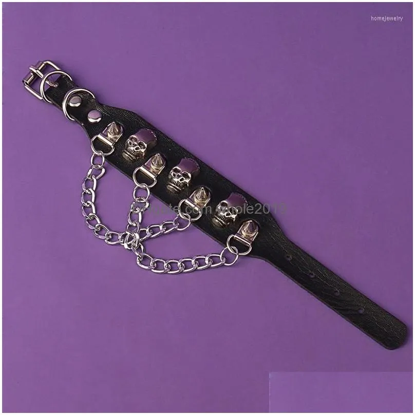 link bracelets fashion punk bracelet for men women goth black leather wristband with metal studded spike rivets
