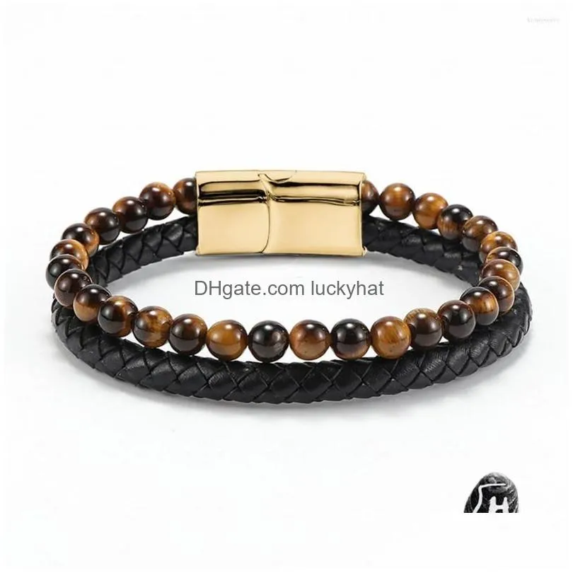 strand 2023 fashion men jewelry natural stone genuine leather bracelet black stainless steel magnetic clasp tiger eye bead