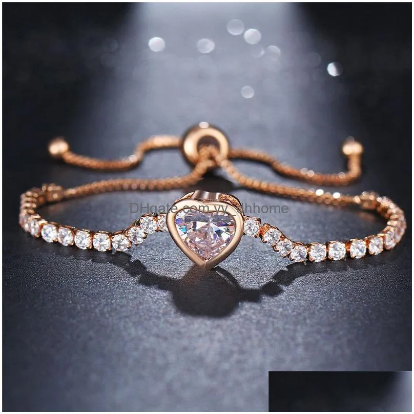 strand luxury cubic zirconia tennis bracelet for women rose gold silver color heart charm bracelets bangles femme wedding jewelry