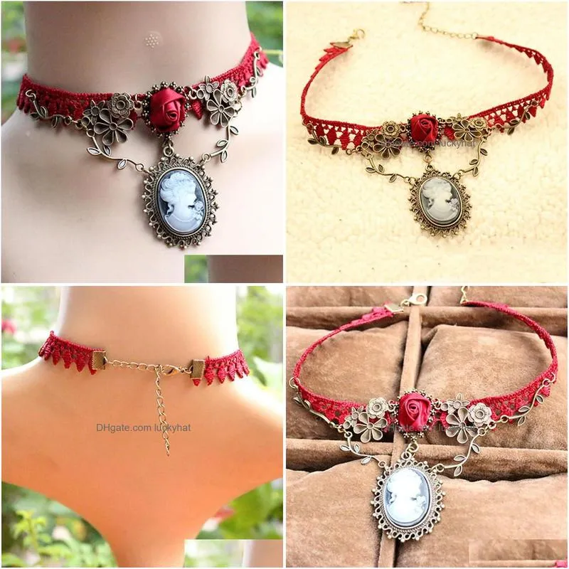 pendant necklaces stylish cameo red rose lace fashion necklace jewelry women gift xmas ethnic bohemian choker 12.23