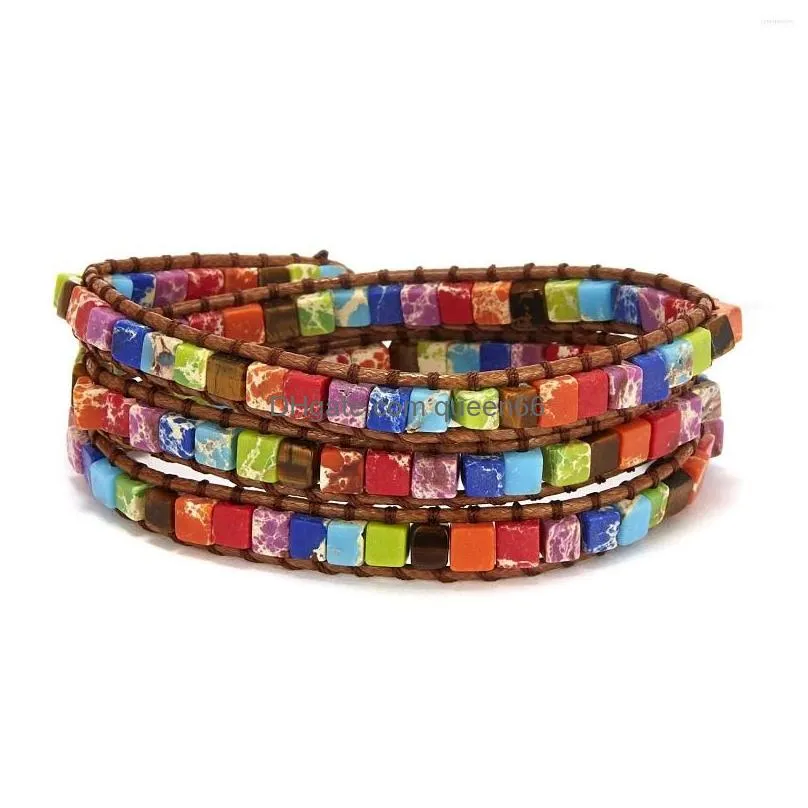 strand chakra bracelet jewelry handmade multi color natural stone tube beads leather wrap couples bracelets creative gifts