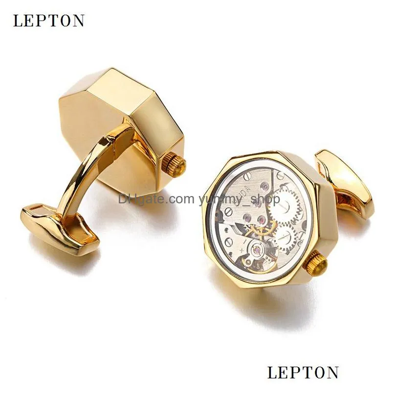  watch movement cuff links of immovable with glass lepton stainless steel steampunk gear watch mechanism cufflinks for mens