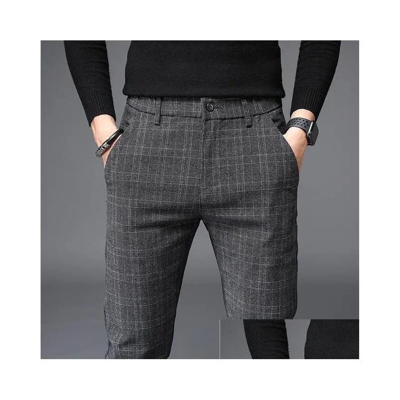 mens pants black plaid trousers spring and autumn fashion slim men gray stripe slacks 2838 pantalones hombre 230307