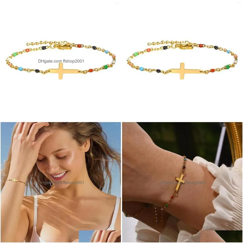 link bracelets cross bracelet women charms beaded chain stainless steel femme mujer pulsera