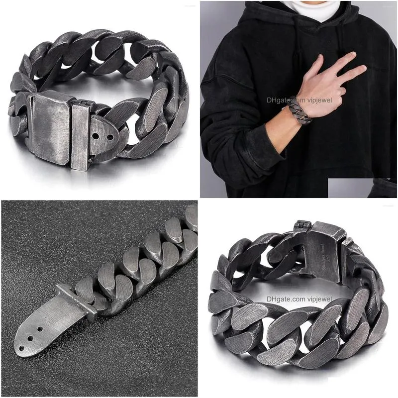 link bracelets retro black color jewelry 25mm wide men bracelet cuban links chains 316l stainless steel for bangle male accessory