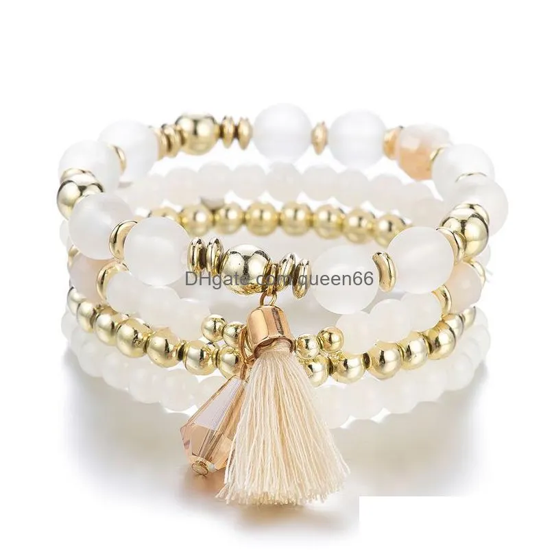 strand 4pcs bohemia tassels charm beaded bracelet set for women boho crystal beads chain wrap bangle female fashion jewelry gift