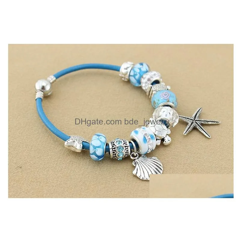 wholesale viovia summer style blue leather bracelets bangles sea turtle star shell charm murano glass beads bracelet for women