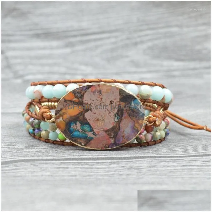 strand joursneige boho bracelets ocean natural stone color crystal retro leather wrap handmade bohemian jewelry