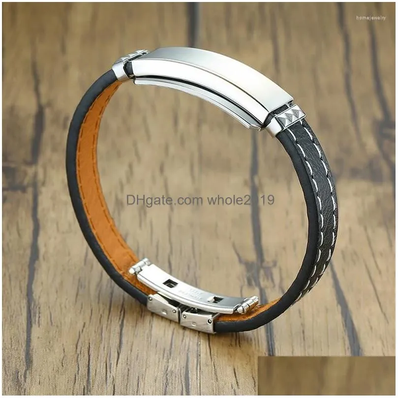 link bracelets men bracelet black leather brazalets stainless steel tag engravable gift for him