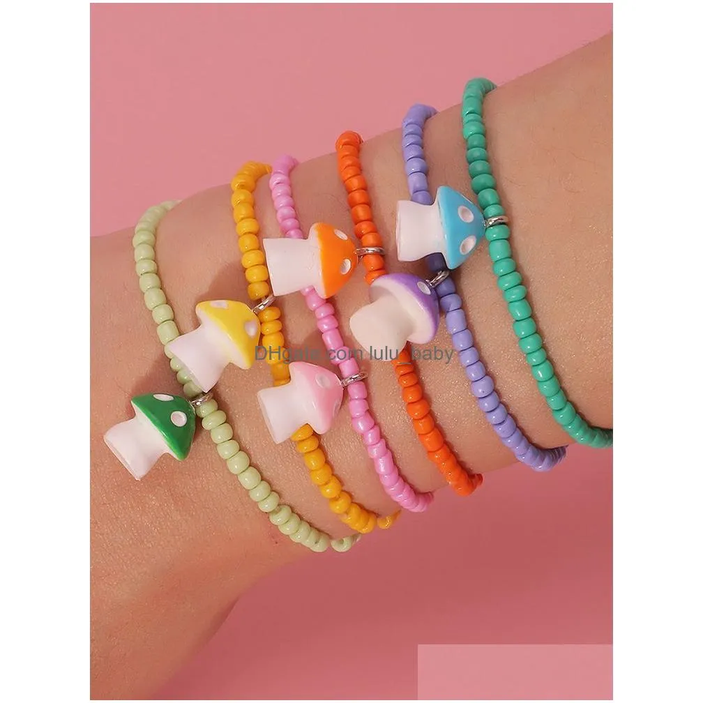 strand 6pcs/set sweet mushroom pendant bracelets for women girls colorful bohemian style rice beads bracelet fashion jewelry gifts
