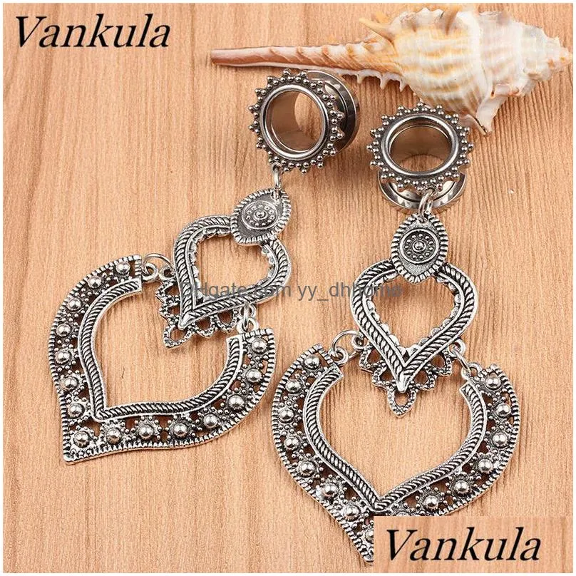 vankula 2pcs double heart dangle ear plug expander tunnel plugs stainless ear gauges stretchers pendant piercing body jewelry