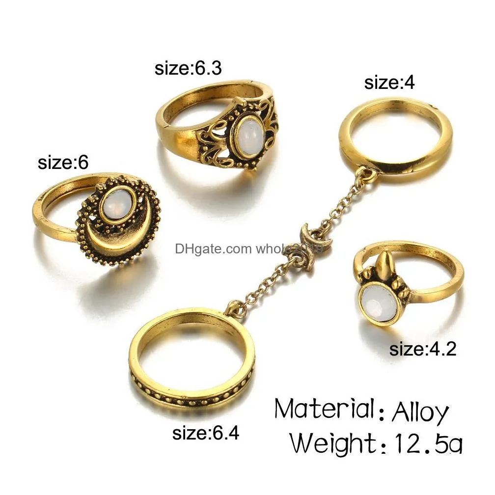 wholesale if me ethnic turkish moon sun finger rings set natural opal stone link chains midi rings jewelry for women antique gold