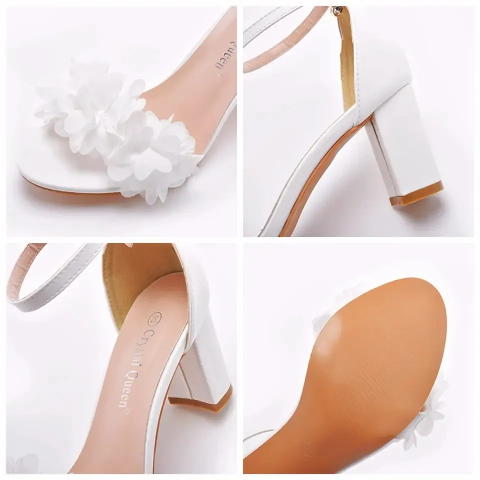 Beautiful White Flowers Women Sandals Bridal Wedding Shoes Summer Elegant Ankle Buckle Ladies Sandal Fashion Open Toe Chunky Bride Wedding Party Heels AL9855