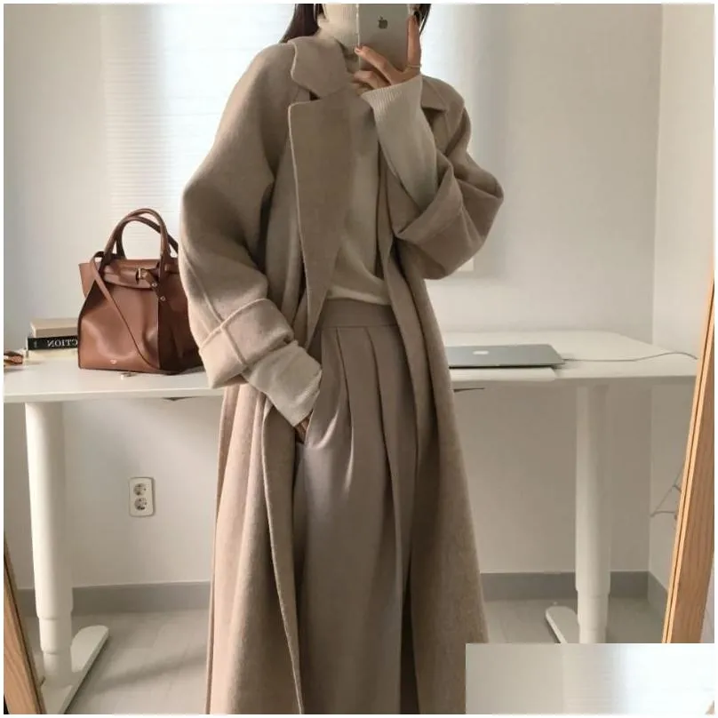 women elegant long wool coat with belt solid color sleeve chic outerwear autumn winter ladies overcoat