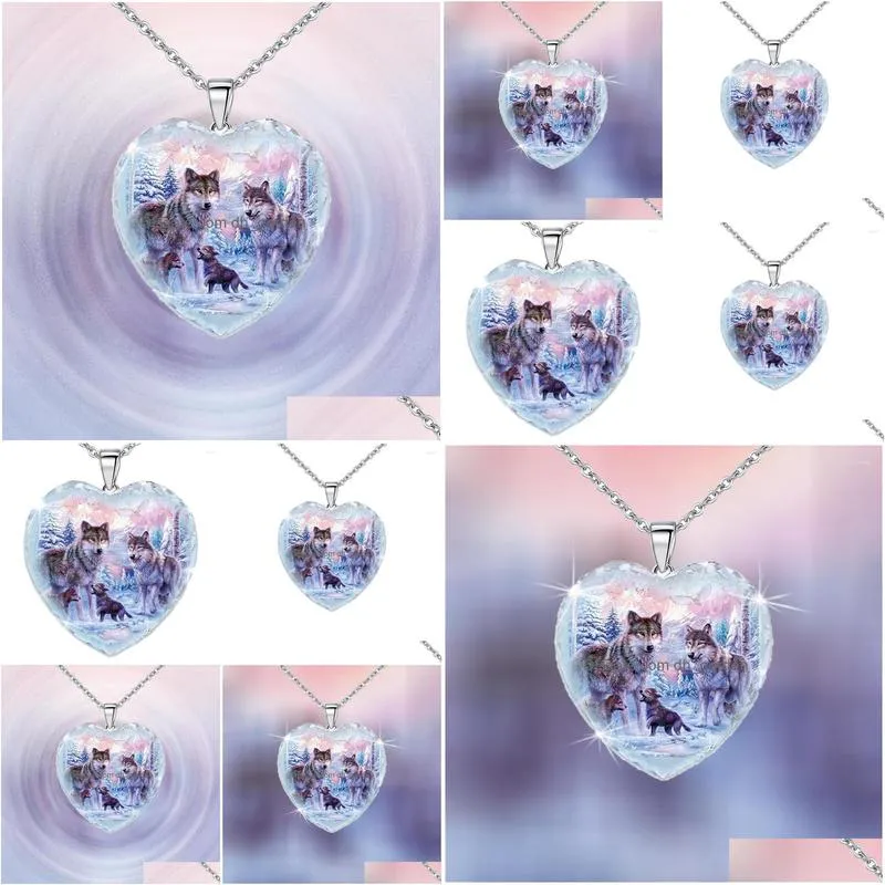 pendant necklaces heartshaped crystal glass snow wolf king family necklace womens religious amulet accessories party jewelry girl