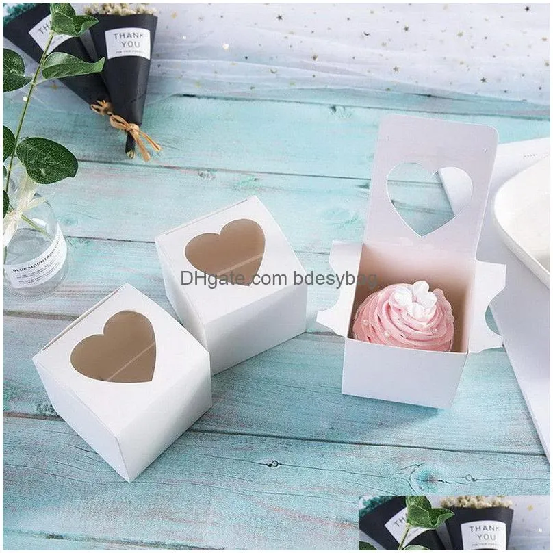pvc window cupcake box 7.5x7.5x7.5cm white glossy heartshaped window cake gift favour boxes for valentine day wedding
