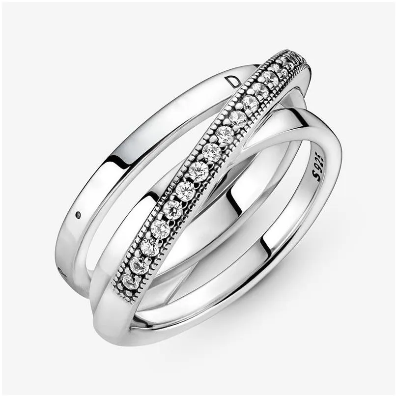 crossover pave triple band ring for pandora authentic sterling silver party jewelry designer rings for women mens crystal diamond couples ring with original