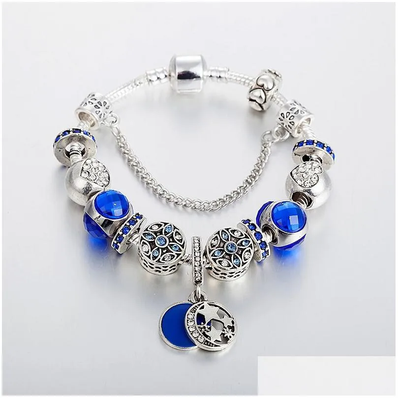 fashion blue charm pendant bracelet for  jewelry silver plated diy star moon beaded bracelet with box