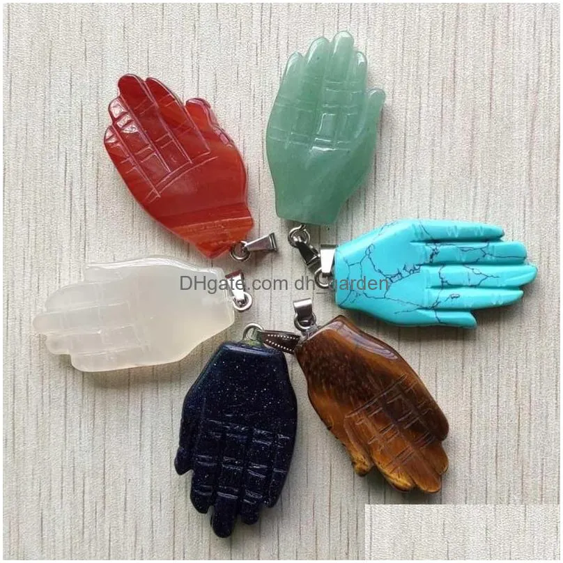 pendant necklaces fashion good quality mixed natural stone carved palm shape charm pendants for jewelry making 6pcs/lot wholesale