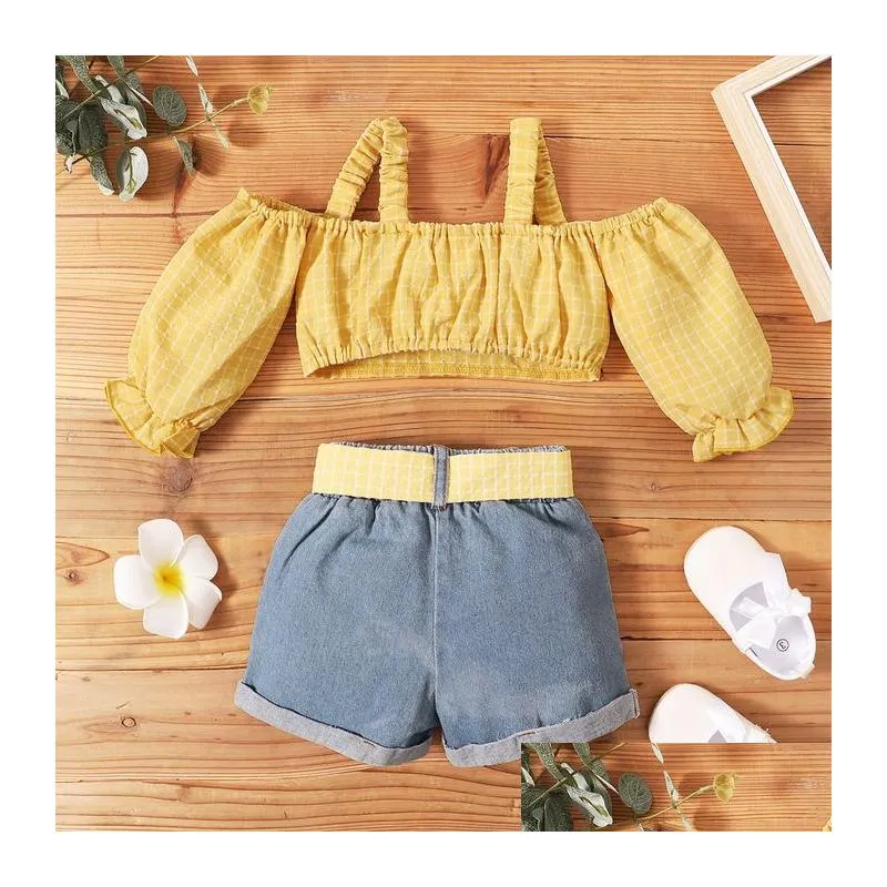 clothing sets 1 5 years fashion children girls clothes summer off shoulder plaid strap crop tops belt denim ripped hole shorts outfits