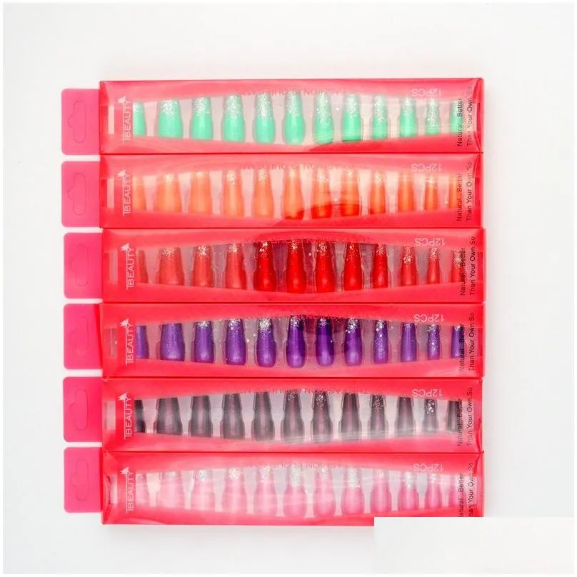 12pcs/box solid color long false nails matte full cover pointed head fake nails manicure detachable artificial nail
