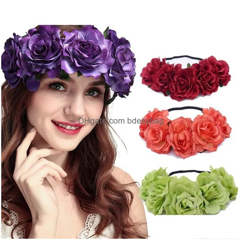 rose headband bohemian flower crowns beach hawaii floral garland rose wedding wreaths headband holiday festival hair accessories