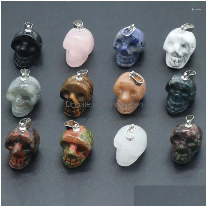 pendant necklaces 20pcs natural stone skeleton skull carved agates quartz crystal charms jewelry making diy necklace hallowmas gift