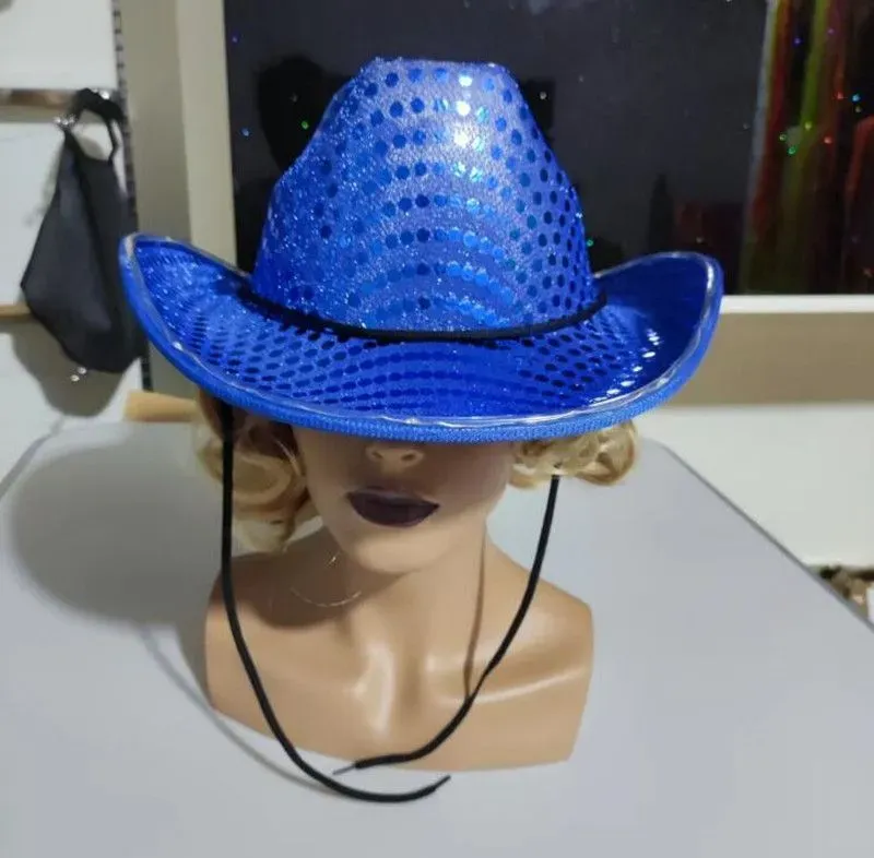 Space Cowgirl LED Hat Flashing Light Up Sequin Hats Luminous Caps Halloween Costume