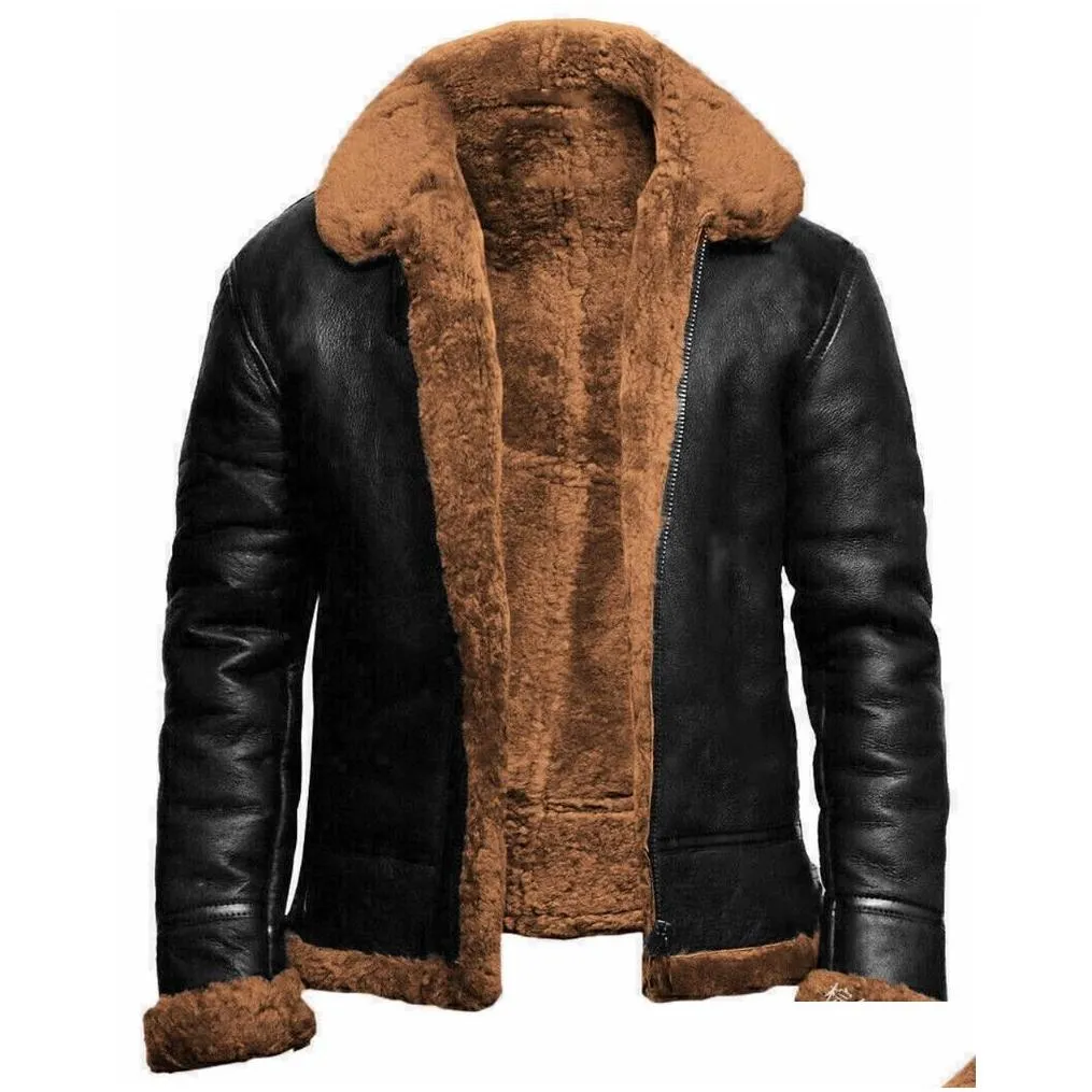 mens jackets leather jacket coat winter faux fur warm thick coats solid black zipper motorcycle mens fashion clothing trends