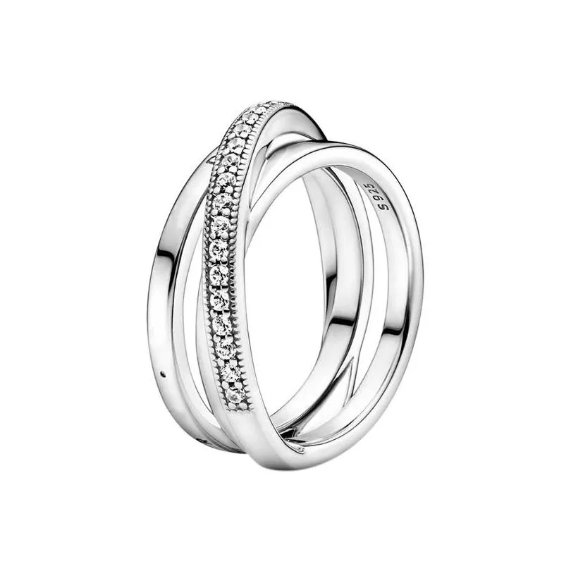 crossover pave triple band ring for pandora authentic sterling silver party jewelry designer rings for women mens crystal diamond couples ring with original