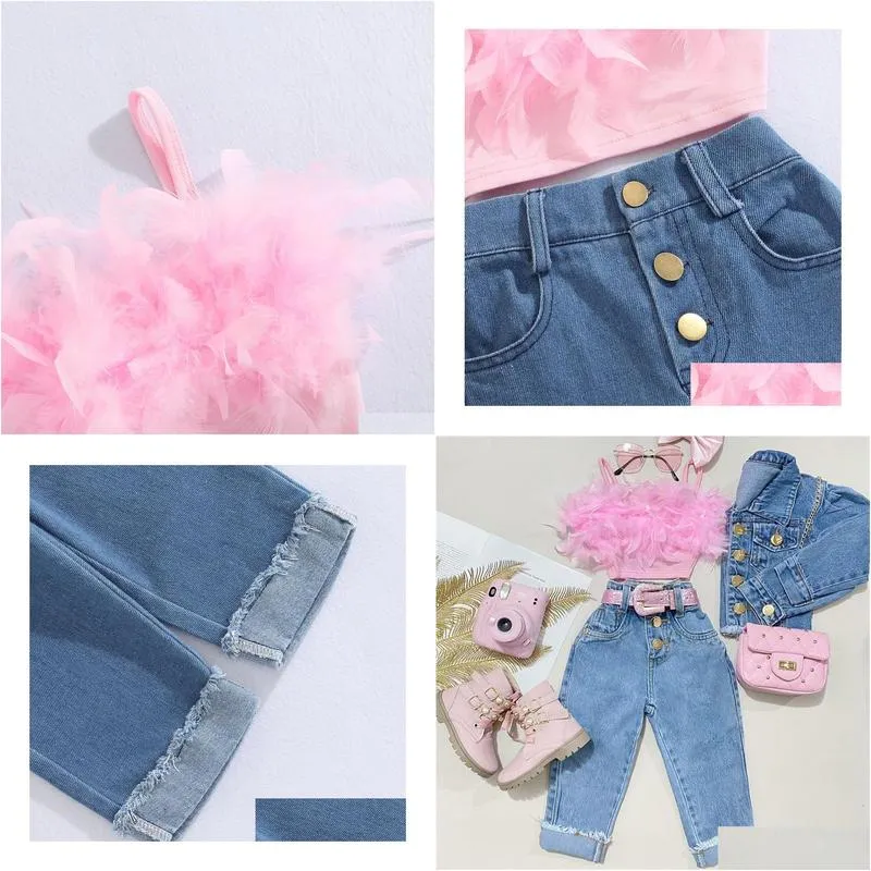 clothing sets girls summer outfit fashion kid children pink sleeveless feather camisole denim pants with pockets 230523