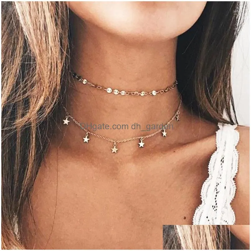 choker elegant double layer rhinestone moon pendant necklace women sequins chocker colar clavicle jewelry kolye yn437