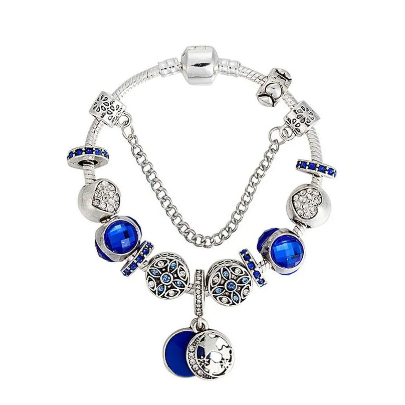 fashion blue charm pendant bracelet for  jewelry silver plated diy star moon beaded bracelet with box