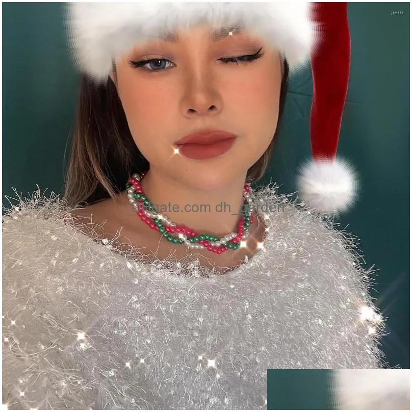 choker christmas imitation pearl twisted link necklace for women gothic colorful bead clavicle chain xmas year party jewelry gift